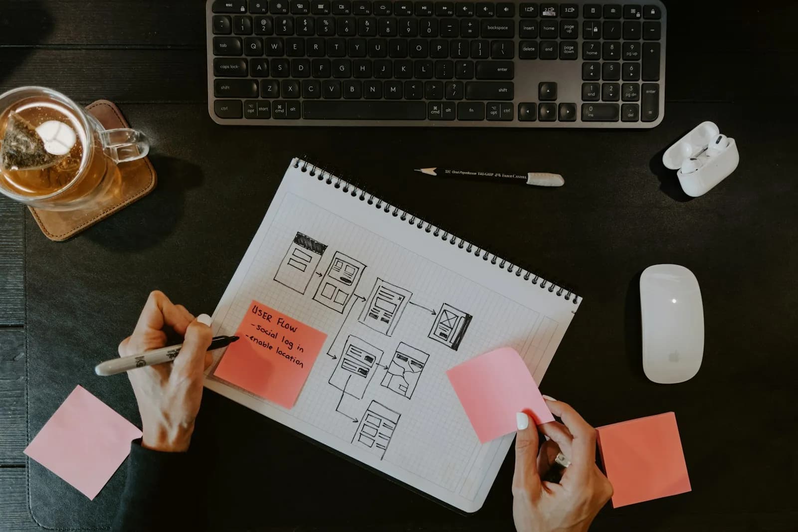A hand sketching wireframes on a notebook page beside a keyboard, with sticky notes marking the changes.