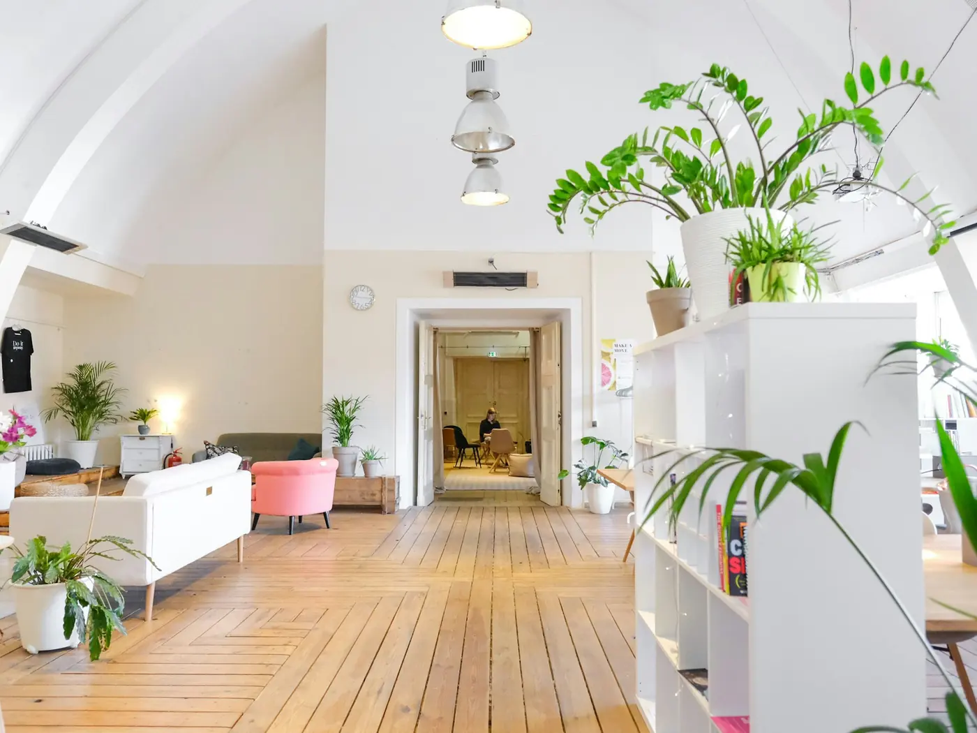 A bright, orderly studio with open shelving and plants.