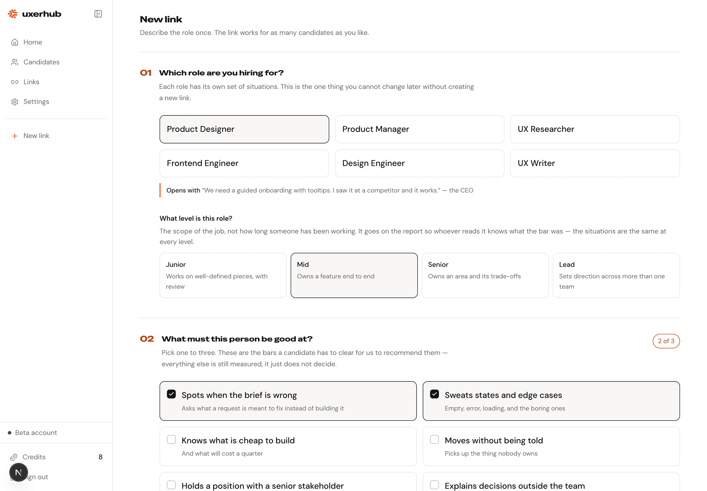 The role setup screen, with two capabilities marked as essential and the rest left as not relevant